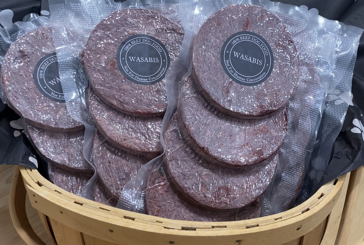 Individually packaged Wasabi’s patties arranged in a basket